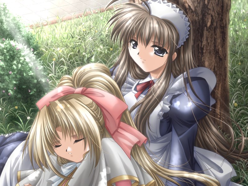yamamoto kazue, charlotte verlaine, rosalie (ebenbourg), ebenbourg no kaze, game cg, 2girls, blonde hair, brown hair, closed eyes, long hair, maid, multiple girls, sleeping, sunlight