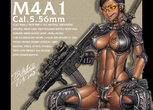 tsukasa jun, 1girl, abs, armor, assault rifle, braid, breasts, carbine, dark-skinned female, dark skin, female focus, gloves, gun, large breasts, m4 carbine, muscular, muscular female, rifle, solo, sunglasses, sword, weapon