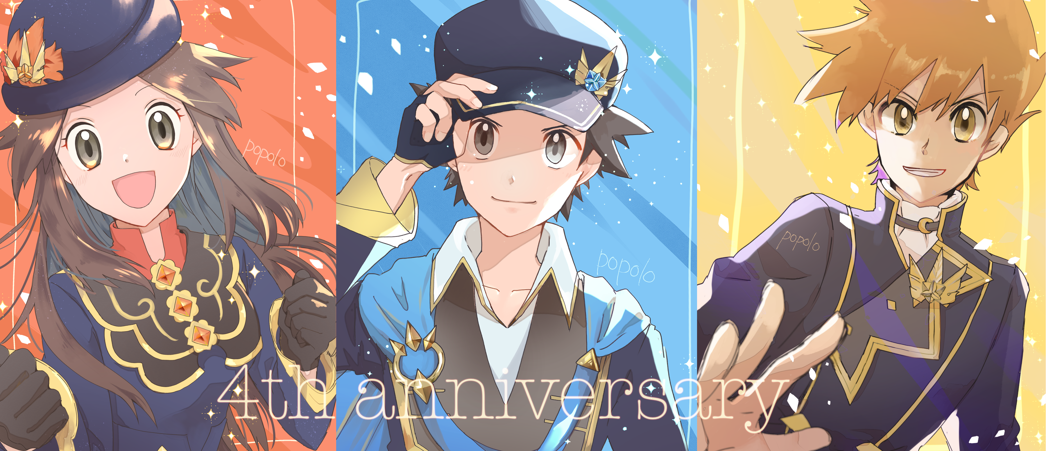 popolo pk, blue oak, blue oak (champion), leaf (champion) (pokemon), leaf (pokemon), red (champion) (pokemon), red (pokemon), nintendo, pokemon, pokemon masters ex, absurdres, highres, 1girl, 2boys, anniversary, black gloves, black hat, brown hair, clenched hands, collarbone, fingerless gloves, gloves, hat, looking at viewer, multiple boys, official alternate costume, open mouth, orange hair, signature