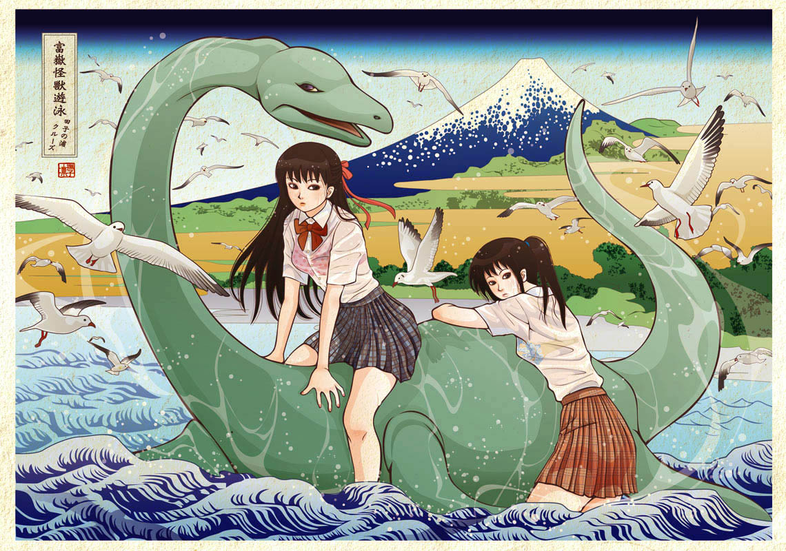 nadeshiko rin, original, tokaido ejiri tago-no-uraryakuzu, photoshop (medium), translated, 2girls, bird, border, bra, brown eyes, brown hair, day, dinosaur, fine art parody, lingerie, long hair, looking at viewer, looking back, miniskirt, mount fuji, mountain, multiple girls, nature, nihonga, outdoors, parody, pleated skirt, plesiosaur, ponytail, riding, riding dinosaur, seagull, see-through clothes, short sleeves, skirt, ukiyo-e, underwear, water, wet, wet clothes