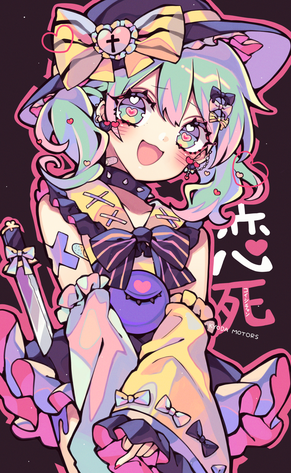 kyouda suzuka, komeiji koishi, touhou, commentary request, highres, 1girl, :d, alternate costume, bandaid, bare shoulders, black bow, black bowtie, black hat, black skirt, blush, bow, bowtie, collar, cowboy shot, crossed bandaids, cutout eyelashes, detached sleeves, earrings, frilled shirt collar, frills, green eyes, green hair, hair bow, hat, hat bow, heart, heart-shaped pupils, jewelry, knife, looking at viewer, medium hair, open mouth, red nails, shirt, skirt, sleeveless, sleeveless shirt, sleeves past wrists, smile, solo, spiked collar, spikes, striped bow, symbol-shaped pupils, third eye, twitter username, yellow bow
