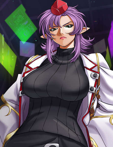 haruyama kazunori, sumii marion, banpresto, super robot wars, super robot wars og saga mugen no frontier, 1girl, breasts, female focus, garrison cap, green eyes, hat, long hair, pointy ears, purple hair, solo