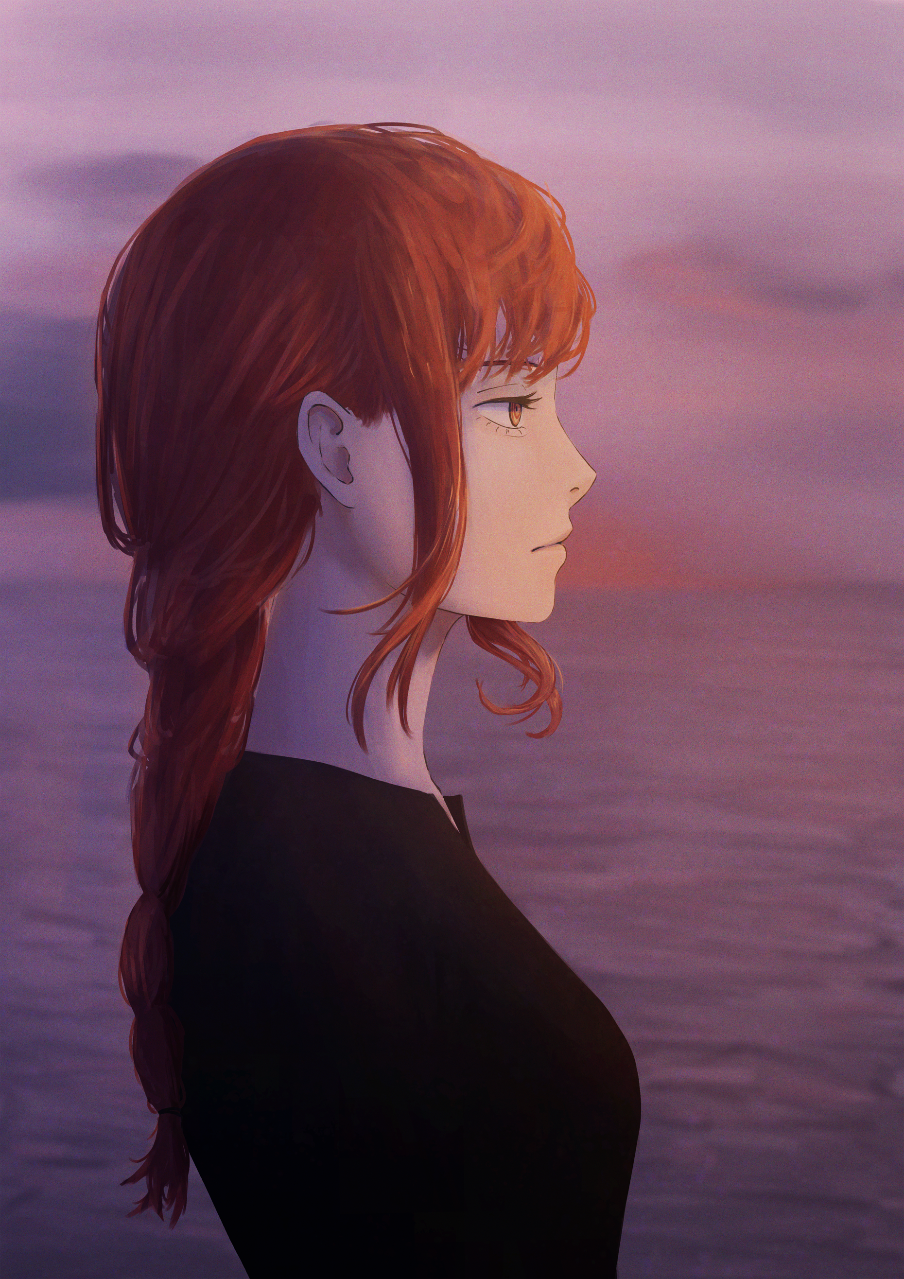 makima (chainsaw man), chainsaw man, absurdres, highres, 1girl, aanryus, black dress, braid, closed mouth, dress, dusk, from side, long hair, ocean, profile, red eyes, red hair, sidelocks, solo