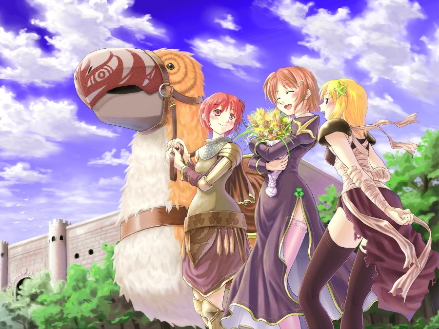 assassin (ragnarok online), knight (ragnarok online), peco peco, priest (ragnarok online), ragnarok online, commentary request, opencanvas (medium), 3girls, armor, armored dress, bandages over clothes, bird, black thighhighs, blonde hair, blue sky, blush, bouquet, brown skirt, castle, chainmail, closed eyes, closed mouth, cloud, clover, dress, feet out of frame, flower, hair ornament, hairclip, holding, holding bouquet, holding reins, juliet sleeves, long sleeves, looking at another, medium hair, multiple girls, open mouth, orange eyes, outdoors, pauldrons, pink hair, pink thighhighs, puffy sleeves, purple dress, purple shirt, purple skirt, reins, shirt, short hair, shoulder armor, side slit, skirt, sky, sleeveless, sleeveless shirt, smile, standing, star (symbol), star hair ornament, thighhighs, tororo (16763), tree, yellow flower