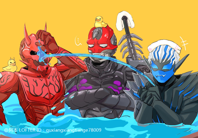 quxiangxiangtiange78009, desast, momotaros, vice (kamen rider revice), kamen rider, kamen rider den-o (series), kamen rider revice, kamen rider saber (series), …, 3boys, anger vein, angry, armor, bath, black armor, black eyes, blue eyes, covering face, crossed arms, demon, demon boy, face mask, horns, in bathtub, laughing, lofter username, male focus, mask, monster, monster boy, multiple boys, red armor, rubber duck, sharp teeth, splashing, squirting liquid, sword, teeth, towel, towel on head, water, weapon, white eyes, white hair