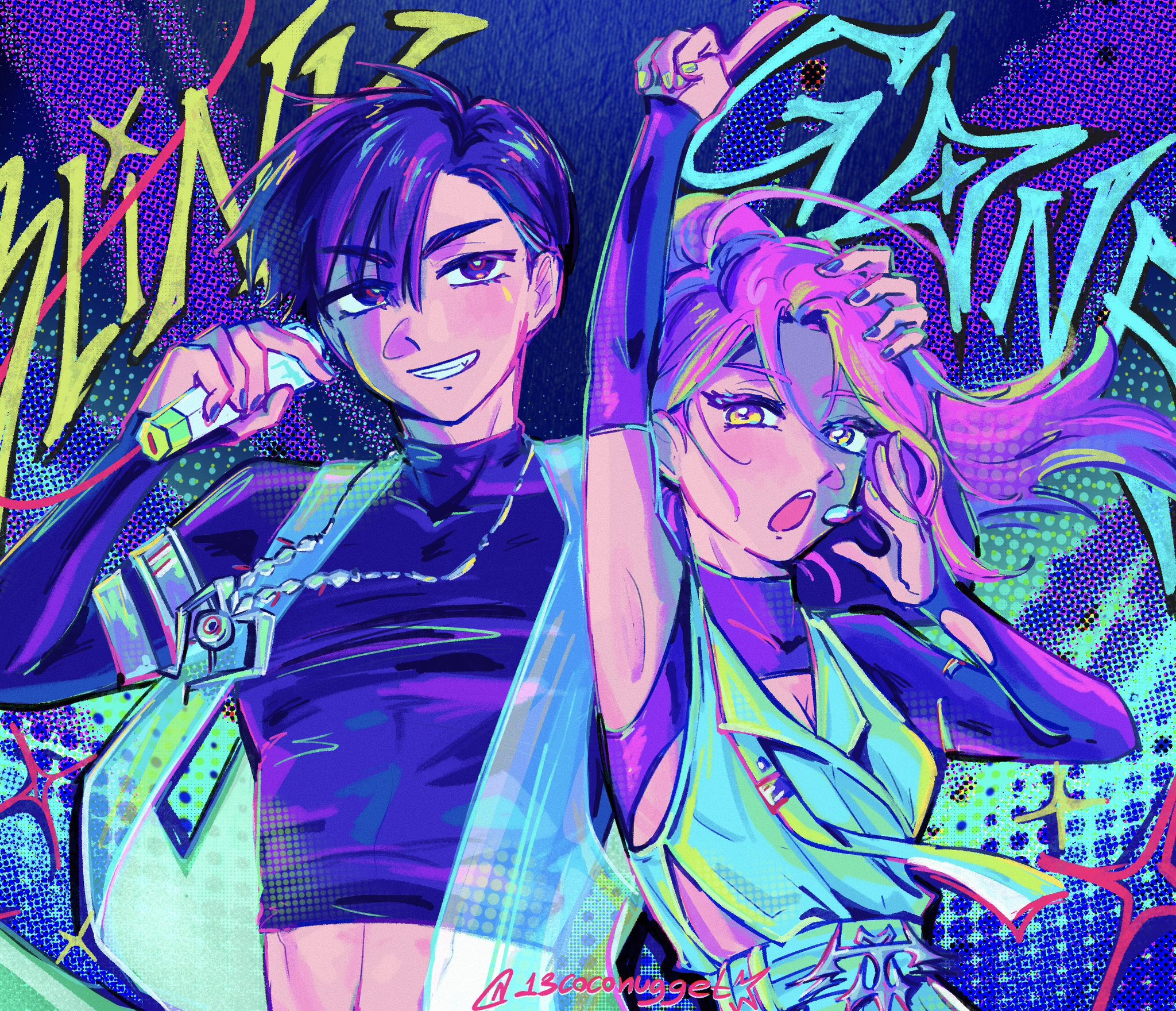 ivan (alien stage), mizi (alien stage), alien stage, commentary, english commentary, highres, 13coconugget, 1boy, 1girl, alternate costume, arm up, black arm warmers, black eyes, black hair, black shirt, english text, green pupils, long hair, pink hair, red pupils, shirt, short hair, signature, smile, song name, turtleneck, turtleneck shirt, very short hair, yellow eyes