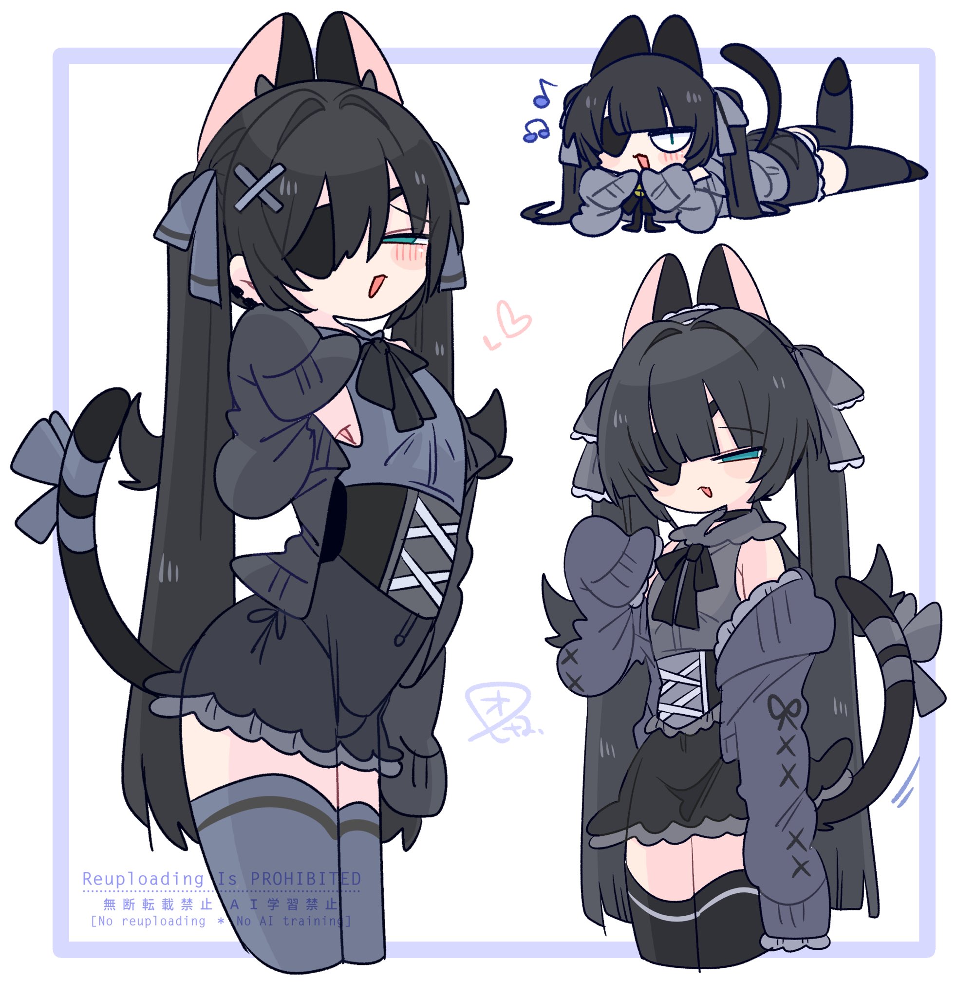 op na yarou, original, commentary, highres, 1boy, animal ear fluff, animal ears, armpit crease, bare shoulders, bell, black corset, black hair, black ribbon, black skirt, black tail, black thighhighs, blue eyes, blunt bangs, blush, bow, bulge, cardigan, cat boy, cat ears, cat tail, chibi, collar, collared shirt, corset, covered navel, cowboy shot, crossdressing, crossdressing (mtf), double-parted bangs, earclip, extra ears, eyepatch, flipped hair, frilled collar, frilled shirt collar, frilled skirt, frills, from side, full body, grey bow, grey cardigan, grey ribbon, grey shirt, grey thighhighs, hair between eyes, hair bow, hair intakes, hair ornament, hand up, head rest, heart, jitome, leaning forward, leg up, long hair, long sleeves, lying, male focus, miniskirt, multiple views, musical note, narrowed eyes, neck bell, neck ribbon, no nose, off shoulder, on stomach, one eye covered, open cardigan, open clothes, open mouth, panties, quad tails, raised inner eyebrows, ribbon, rigel (op na yarou), see-through clothes, see-through skirt, shirt, side-tie panties, sidelocks, simple background, skirt, sleeveless, sleeveless shirt, sleeves past fingers, sleeves past wrists, standing, straight hair, tail, tail bow, tail ornament, tail ribbon, thighhighs, thighs, trap, underwear, very long hair, watermark, white background, x hair ornament