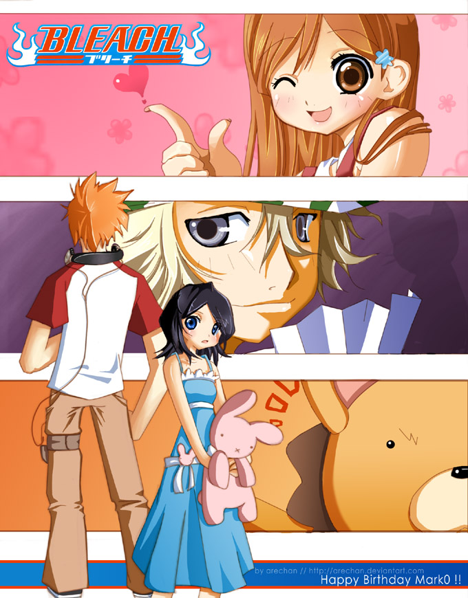 arechan, inoue orihime, kon (bleach), kuchiki rukia, kurosaki ichigo, urahara kisuke, bleach, 00s, 2boys, 2girls, bad anatomy, headphones, headphones around neck, multiple boys, multiple girls, poorly drawn, stuffed animal, stuffed lion, stuffed toy