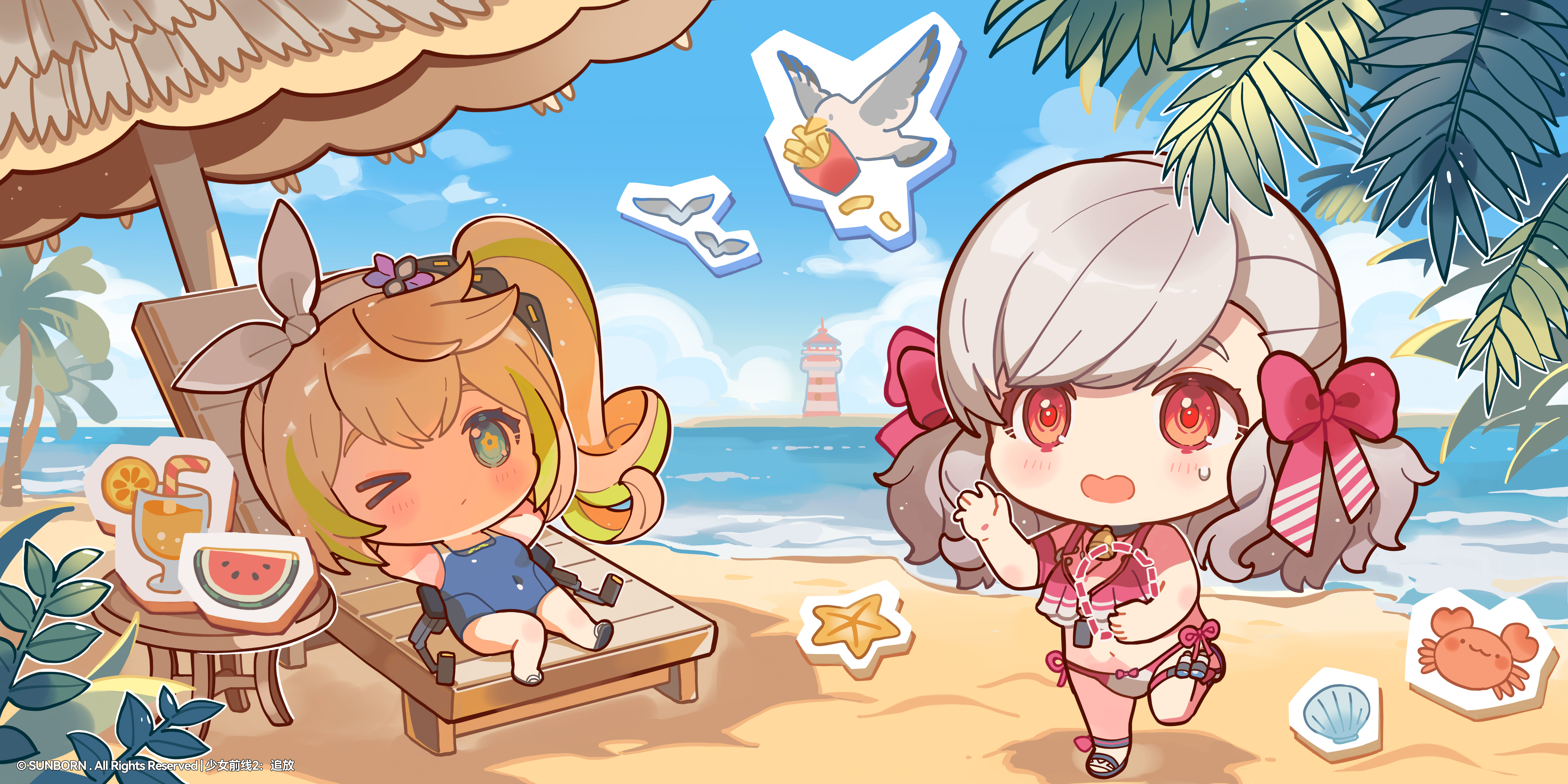 sabrina (girls' frontline 2), sabrina (strawberry zabaione) (girls' frontline 2), sharkry (girls' frontline 2), spas-12 (girls' frontline), girls' frontline, girls' frontline 2: exilium, absurdres, highres, official art, 2girls, beach, bikini, breasts, crab, food, fruit, grey hair, long hair, lying, multiple girls, navel, ocean, open mouth, red eyes, sky, swimsuit, table, tree, twintails, umbrella, watermelon