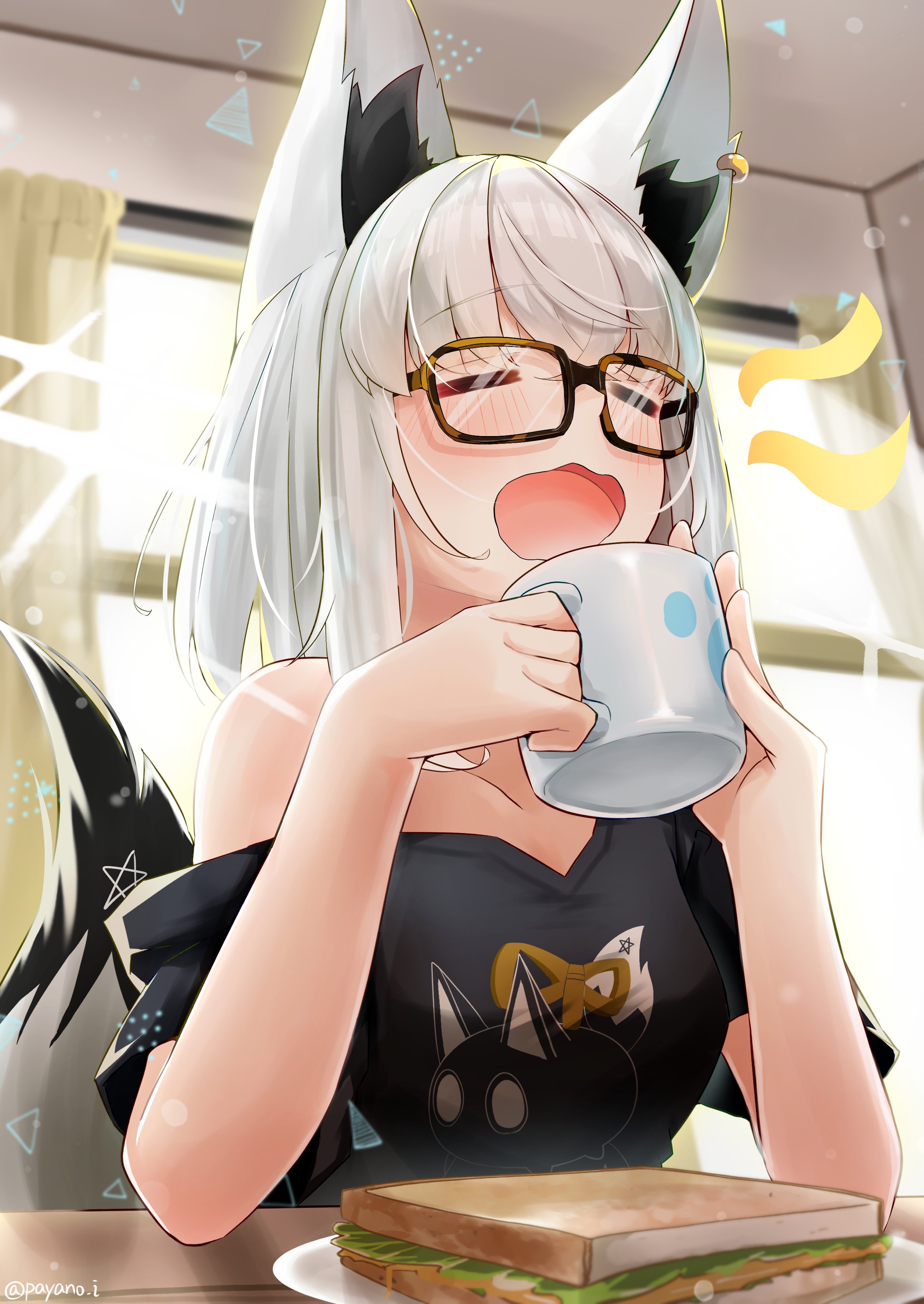 payano i, shirakami fubuki, hololive, absurdres, highres, 1girl, animal ears, black shirt, blush, closed eyes, coffee, coffee mug, cup, food, fox ears, fox girl, fox tail, glasses, holding, long hair, mug, open mouth, pentagram, sandwich, shirt, sitting, tail, white hair