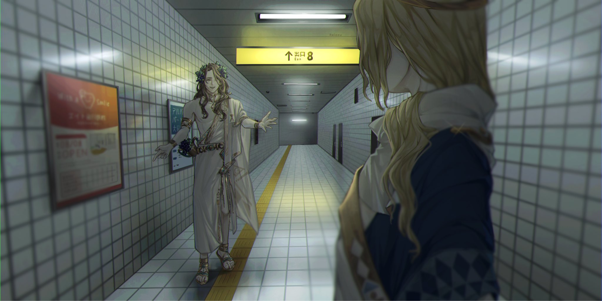 fujji 771, 210 (reverse:1999), 6 (reverse:1999), reverse:1999, the exit 8, highres, 2boys, ^ ^, ancient greek clothes, blonde hair, blurry, brown hair, brown sandals, ceiling light, closed eyes, cup, depth of field, exit sign, facing another, facing away, food-themed hair ornament, from side, grape hair ornament, greco-roman clothes, hair ornament, hair over one eye, hallway, himation, indoors, long hair, multiple boys, one eye covered, open mouth, poster (object), sandals, single bare arm, single bare shoulder, single off shoulder, smile, standing, tactile paving, tile floor, tile wall, tiles, toga, wide shot
