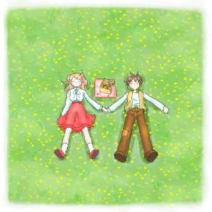 original, commentary request, lowres, 1boy, 1girl, brown hair, brown pants, brown shoes, brown vest, closed eyes, field, full body, holding hands, lying, oekaki, on back, on ground, pants, radio, red shoes, red skirt, shirt, shoes, short hair, skirt, tororo (16763), vest, white shirt