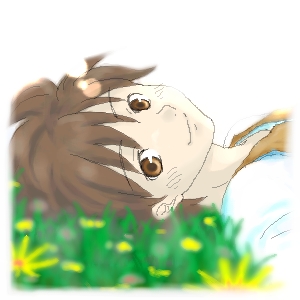 original, lowres, 1boy, border, brown eyes, brown hair, brown vest, closed mouth, flower, looking at viewer, lying, male focus, oekaki, on back, on ground, shirt, short hair, smile, solo, tororo (16763), upper body, vest, white border, white shirt, yellow flower
