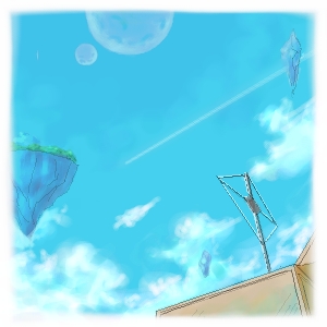 original, commentary request, lowres, blue sky, border, cloud, floating gem, floating island, no humans, oekaki, radio, radio antenna, sky, tororo (16763), white border