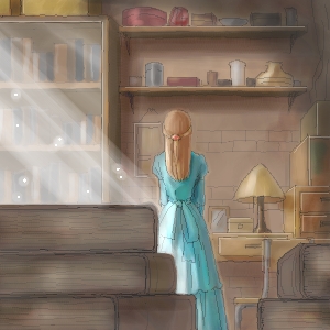 original, commentary request, lowres, 1girl, blue dress, book, book stack, brown hair, dress, from behind, full body, indoors, lamp, long dress, long hair, oekaki, shelf, solo, standing, sunlight, tororo (16763)