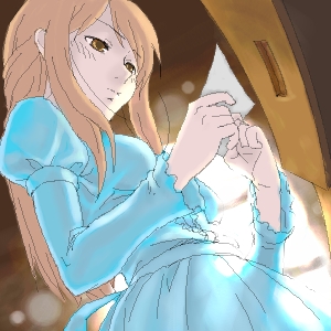 original, commentary request, lowres, 1girl, blue dress, brown eyes, brown hair, closed mouth, dress, holding, holding photo, indoors, juliet sleeves, long hair, long sleeves, oekaki, photo (object), puffy sleeves, solo, sunlight, tororo (16763), upper body, window