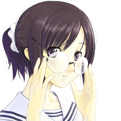 original, commentary request, lowres, 1girl, adjusting eyewear, brown hair, glasses, hair ornament, hair scrunchie, hairclip, looking at viewer, parted lips, ponytail, purple eyes, rimless eyewear, round eyewear, sailor collar, school uniform, scrunchie, serafuku, short hair, short ponytail, simple background, solo, tororo (16763), upper body, white background, white sailor collar