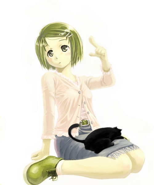 original, commentary request, opencanvas (medium), 1girl, black cat, blush, cat, closed mouth, full body, green eyes, green hair, green shoes, grey skirt, hair ornament, hairclip, hand up, long sleeves, looking at viewer, pink shirt, shirt, shoes, short hair, simple background, sitting, skirt, solo, swept bangs, tororo (16763), wariza, white background