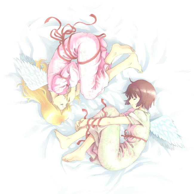 original, commentary request, 2girls, barefoot, blonde hair, brown hair, closed eyes, closed mouth, dress, expressionless, feathered wings, fetal position, full body, grey dress, long hair, long sleeves, lying, multiple girls, on side, pink dress, rotational symmetry, short hair, short sleeves, sleeping, tororo (16763), white wings, wings