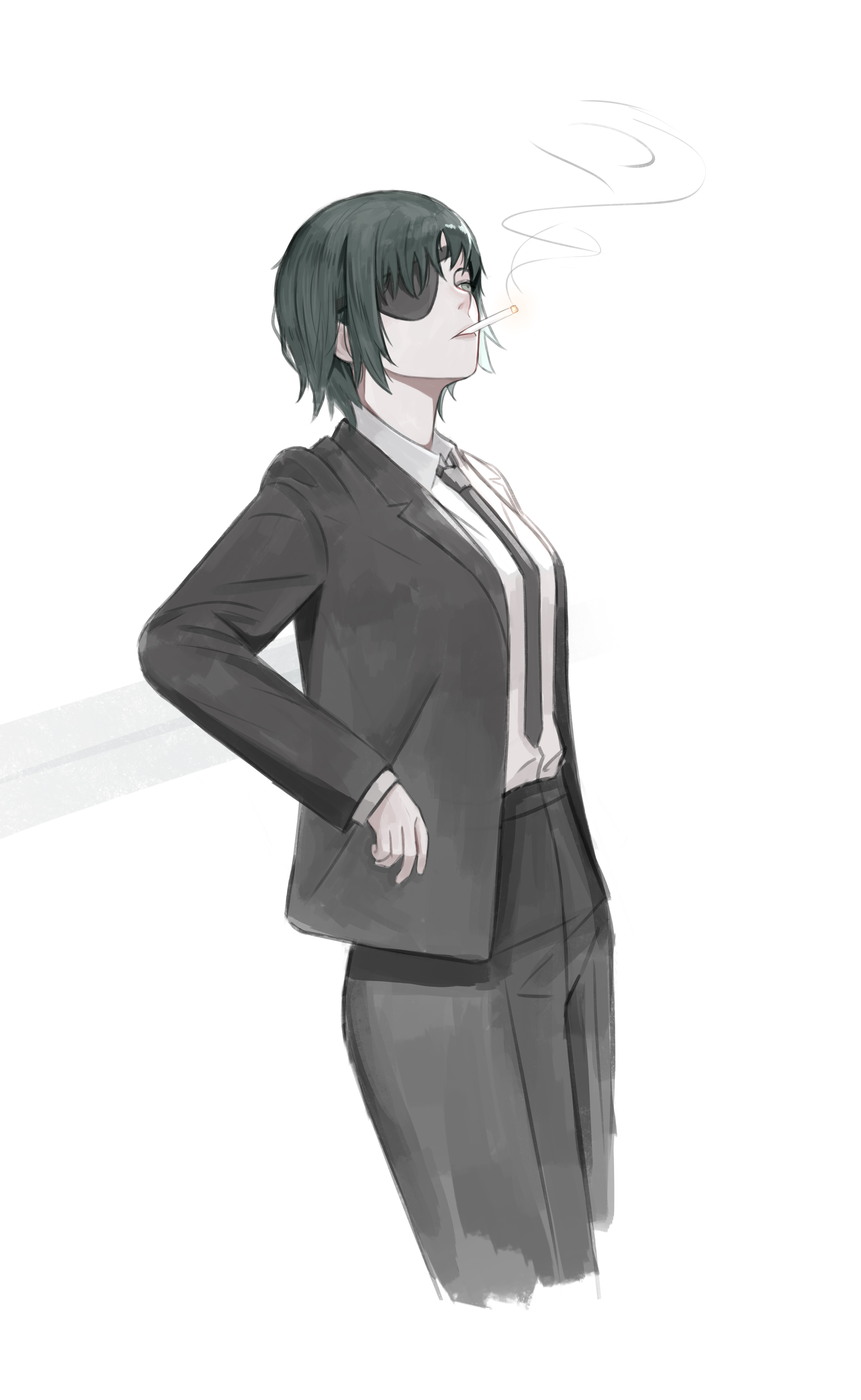 deardd, himeno (chainsaw man), chainsaw man, absurdres, highres, 1girl, black hair, black jacket, black necktie, black pants, black suit, collared shirt, eyepatch, formal clothes, jacket, necktie, pant suit, pants, shirt, shirt tucked in, short hair, simple background, smoke, smoking, solo, suit, suit jacket, white background, white shirt