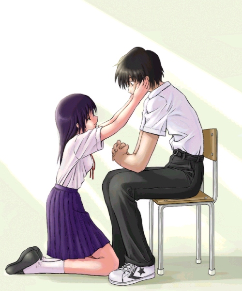 original, commentary request, 1boy, 1girl, black hair, black pants, black shoes, chair, full body, hands on another's cheeks, hands on another's face, kneeling, long hair, looking at another, on chair, pants, purple hair, purple skirt, school chair, school uniform, serafuku, shirt, shoes, short hair, short sleeves, sitting, skirt, sneakers, socks, tororo (16763), white shirt, white shoes, white socks