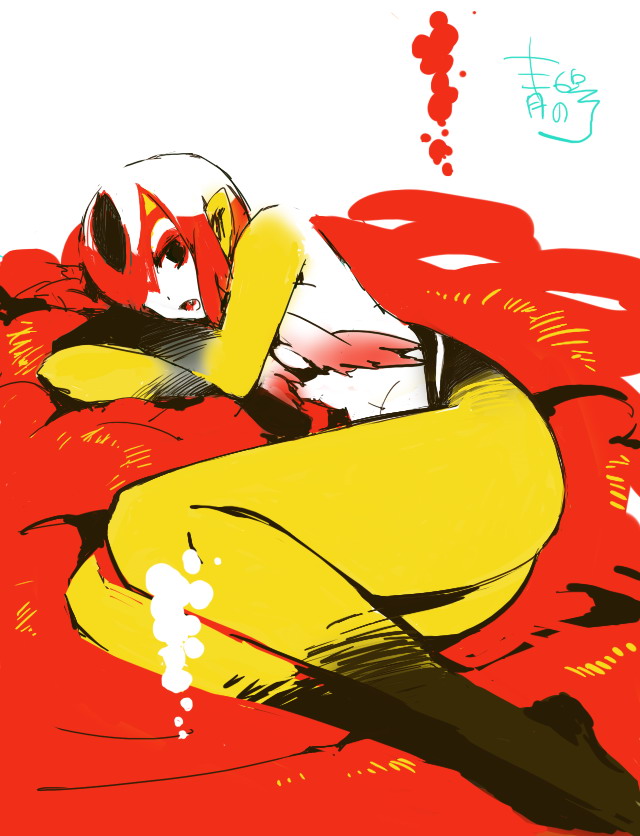 mutio, ao no roku-gou, 1girl, breasts, colored skin, fangs, female focus, furry, furry female, hair over one eye, monster girl, multicolored skin, nude, pointy ears, red eyes, red theme, short hair, solo, therianthrope, white skin, yellow skin