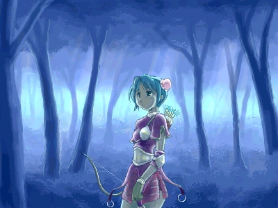 archer (ragnarok online), ragnarok online, commentary request, lowres, 1girl, arrow (projectile), blue background, bow (weapon), brown gloves, cowboy shot, dress, forest, gloves, green eyes, green hair, holding, holding bow (weapon), holding weapon, muneate, nature, outdoors, purple dress, quiver, short hair, short sleeves, solo, tororo (16763), weapon