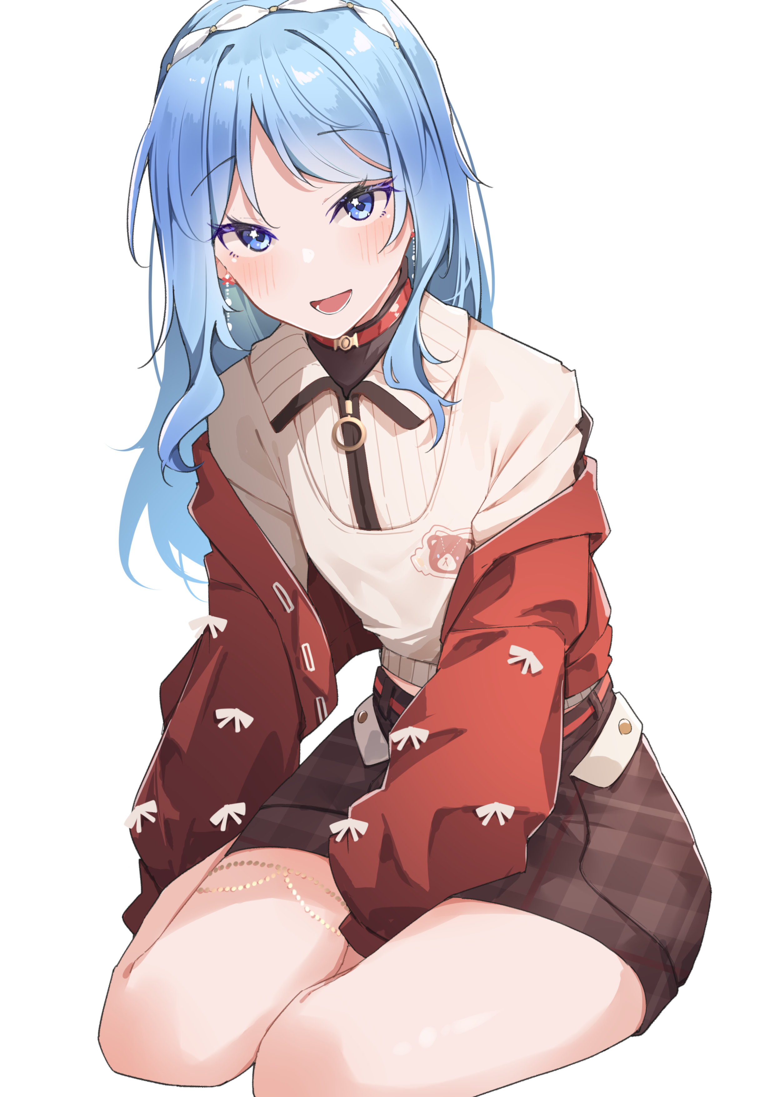 airenif, hoshimachi suisei, hoshimachi suisei (micomet), hololive, absurdres, highres, 1girl, :d, between legs, blue eyes, blue hair, brown skirt, cardigan, cropped cardigan, earrings, hand between legs, jewelry, long hair, off shoulder, official alternate costume, open mouth, plaid clothes, plaid skirt, red cardigan, simple background, sitting, skirt, smile, solo, star (symbol), star in eye, sweater, symbol in eye, thighlet, virtual youtuber, white background, white sweater, yokozuwari