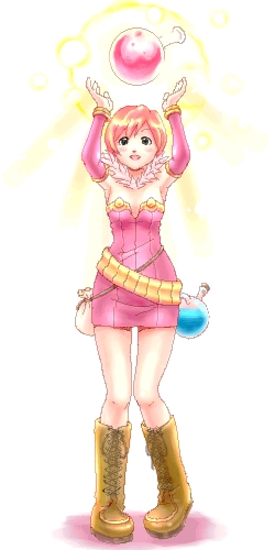 alchemist (ragnarok online), ragnarok online, commentary request, lowres, 1girl, alternate color, arms up, black eyes, boots, breasts, brown boots, detached sleeves, dress, full body, fur collar, lace-up boots, open mouth, pink dress, pink hair, pink sleeves, potion, short dress, short hair, simple background, small breasts, smile, solo, standing, strapless, strapless dress, tororo (16763), white background