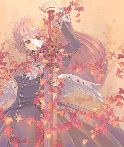 kuga tsukasa, original, 1girl, brown eyes, brown hair, female focus, leaf, long hair, plant, solo, sword, vines, weapon, wings
