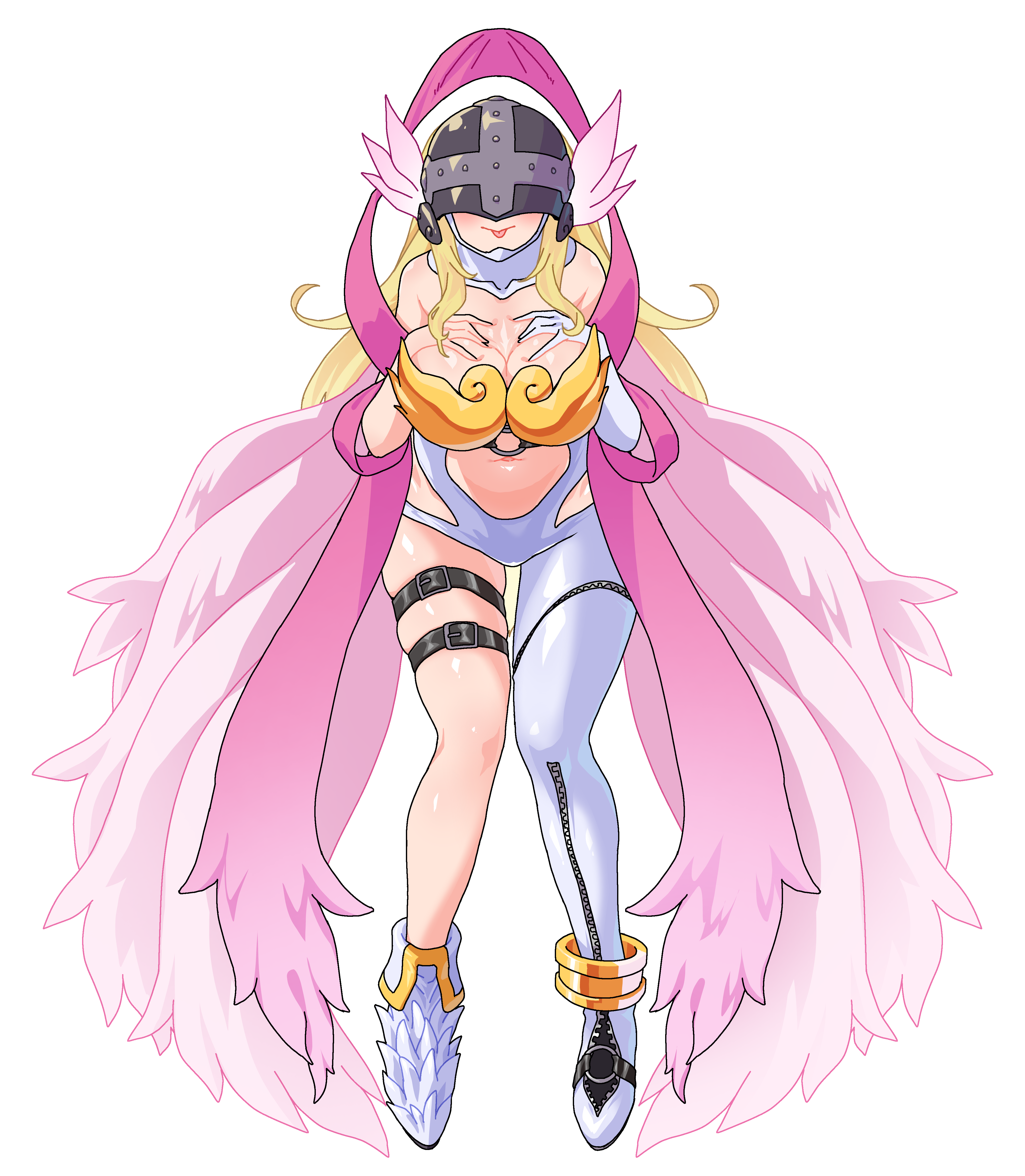 gerusyu, angewomon, digimon, absurdres, commentary request, highres, 1girl, angel, angel wings, ankle boots, anklet, asymmetrical clothes, bare shoulders, belt, black belt, blonde hair, bodysuit, boobplate, boots, breast suppress, breastplate, breasts, cleavage, closed mouth, clothing cutout, covered collarbone, covered eyes, digimon (creature), elbow gloves, feathered wings, full body, gloves, hagoromo, helmet, helmet over eyes, hip vent, holy ring, jewelry, large breasts, leaning forward, long hair, multiple wings, navel, o-ring, o-ring belt, pink ribbon, pink wings, ribbon, shawl, single elbow glove, skindentation, solo, stomach, stomach cutout, strapless bodysuit, thigh belt, thigh strap, tongue, tongue out, white bodysuit, white boots, white gloves, winged helmet, wings, zipper