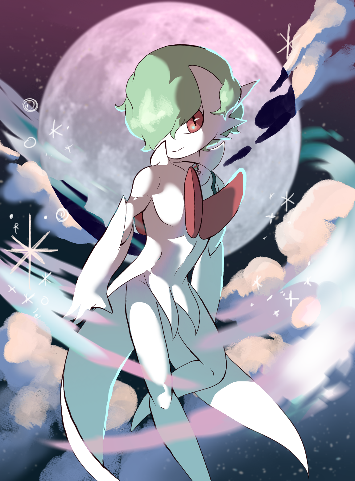 gardevoir, mega gardevoir, nintendo, pokemon, highres, 1boy, alternate costume, alternate design, alternate hairstyle, cloud, cloudy sky, coattails, facing to the side, fog, full moon, gen 3 pokemon, green hair, hair over one eye, looking to the side, mega pokemon, mega stone, midair, moon, night, night sky, outdoors, pokemon (creature), popped collar, red eyes, sky, smile, sparkle, star (sky), tailcoat, toned, toned male, turning head, user vnzf3842, white arm warmers, wind