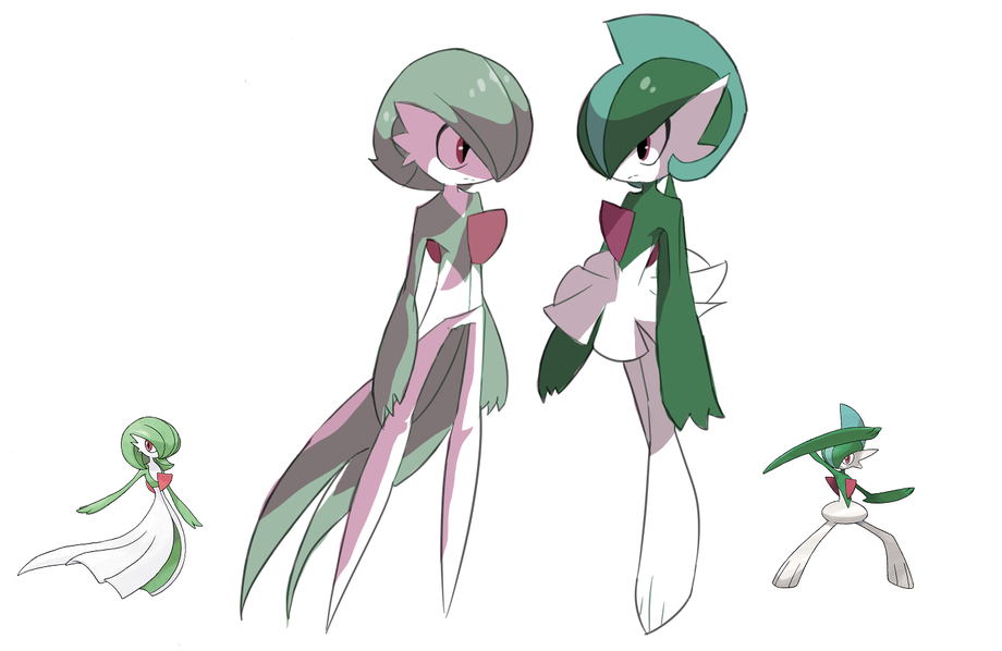 gallade, gardevoir, nintendo, pokemon, 2boys, 2girls, alternate costume, alternate design, alternate hairstyle, alternate universe, arms at sides, bob cut, coattails, colored skin, facing another, gen 3 pokemon, gen 4 pokemon, genderswap, genderswap (ftm), genderswap (mtf), green hair, looking at another, mohawk, multicolored skin, multiple boys, multiple girls, official art inset, pokemon (creature), red eyes, skirt, tailcoat, two-tone skin, user vnzf3842, white background, white skirt