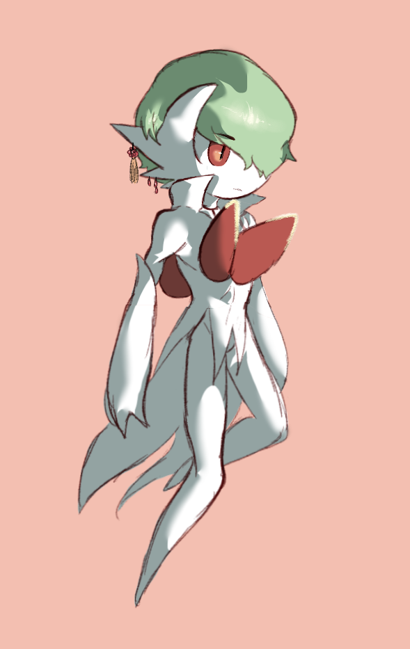 gardevoir, mega gardevoir, nintendo, pokemon, 1boy, alternate costume, alternate design, alternate hairstyle, coattails, earrings, facing to the side, gen 3 pokemon, green hair, hair over one eye, jewelry, looking ahead, mega pokemon, orange background, pink background, pokemon (creature), popped collar, red eyes, single earring, solo focus, tailcoat, toned, toned male, user vnzf3842, white arm warmers