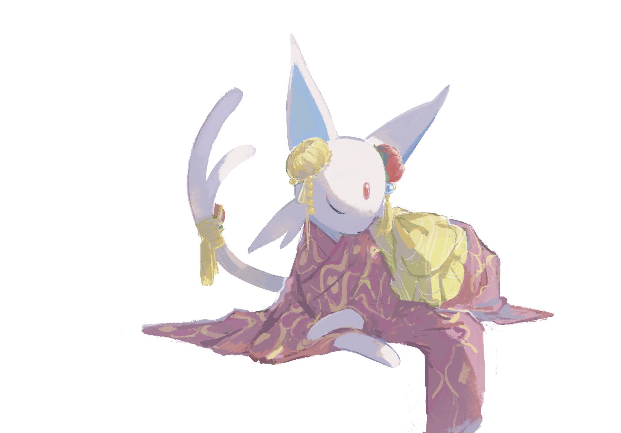 draw pann33, espeon, espeon (pokebuki), nintendo, pokemon, pokemon unite, highres, animal focus, animal hands, closed eyes, clothed pokemon, flower, forehead jewel, forked tail, full body, gen 2 pokemon, hair ornament, japanese clothes, kimono, lying, no humans, pink kimono, pokemon (creature), purple fur, red flower, ribbon, sash, simple background, solo, tail, white background, yellow ribbon, yellow sash