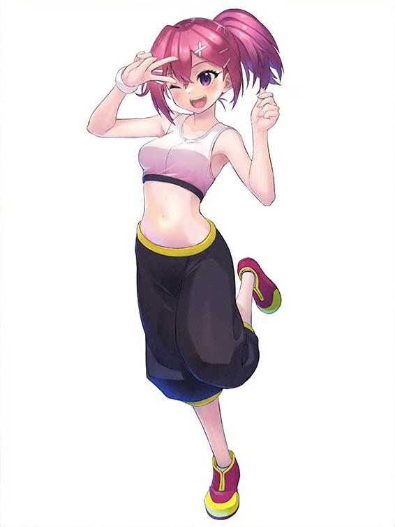 yuuki (digimon), bandai, digimon, digimon liberator, official art, 1girl, bare arms, braid, breasts, female focus, full body, hair ornament, hairclip, half up braid, happy, jumping, looking at viewer, one eye closed, open mouth, pants, ponytail, smile, solo, v, white background, wide hips