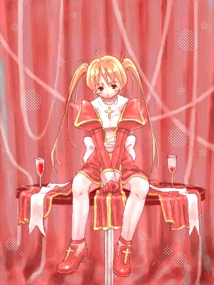 high priest (ragnarok online), ragnarok online, commentary request, lowres, 1girl, alcohol, back bow, blonde hair, bow, closed mouth, cross, curtains, dress, expressionless, full body, juliet sleeves, long hair, long sleeves, looking at viewer, puffy sleeves, red dress, red eyes, red shoes, shoes, sitting, solo, thighhighs, tororo (16763), twintails, two-tone dress, white bow, white dress, white thighhighs, wine