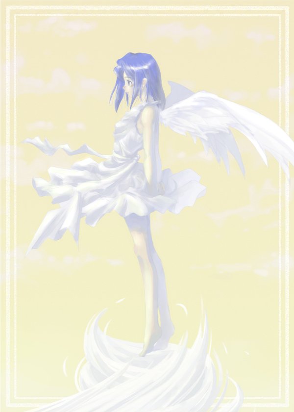 original, commentary request, 1girl, barefoot, blue hair, blush, dress, feathered wings, full body, long hair, looking afar, profile, solo, standing, sundress, tiptoes, tororo (16763), white dress, white wings, wings, yellow background