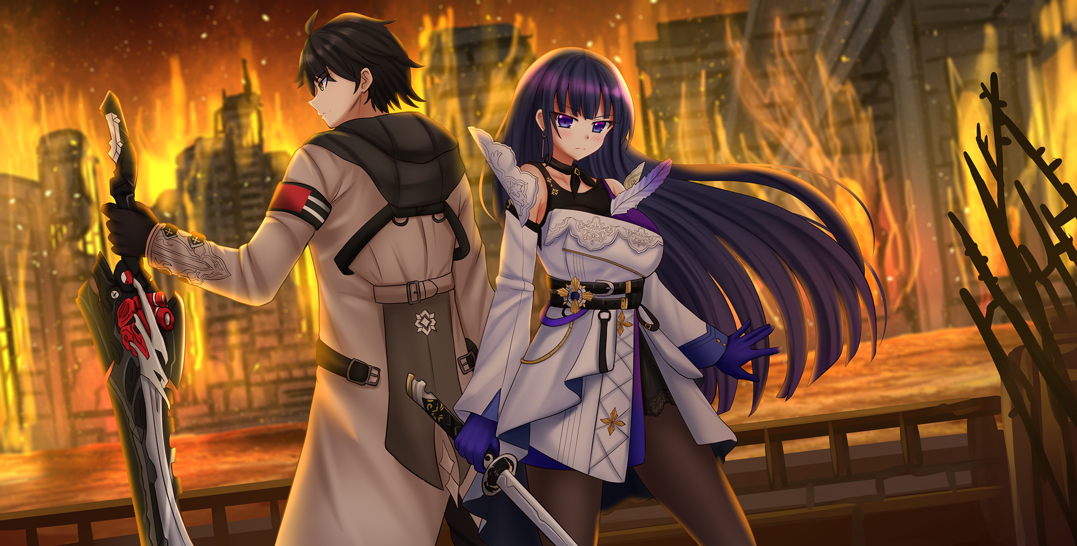 kazenokaze, adam (honkai impact), raiden mei, raiden mei (apho), honkai (series), honkai impact 3rd, commentary, commission, english commentary, highres, 1boy, 1girl, black dress, black gloves, black hair, black pants, breasts, brown jacket, brown pantyhose, building, burning, closed mouth, detached sleeves, dress, fire, gloves, holding, holding sword, holding weapon, jacket, katana, long hair, long sleeves, medium breasts, pants, pantyhose, profile, purple eyes, purple gloves, ruins, sleeves past wrists, standing, sword, v-shaped eyebrows, very long hair, weapon, white dress, white sleeves
