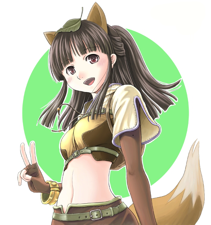 hunter (ragnarok online), ragnarok online, commentary request, 1girl, :d, animal ears, belt, blunt bangs, blush, breasts, brown eyes, brown gloves, brown hair, brown shirt, brown skirt, cowboy shot, crop top, elbow gloves, fingerless gloves, fox ears, fox girl, fox tail, gloves, green background, green belt, half updo, high ponytail, jacket, leaf, long hair, looking at viewer, medium breasts, midriff, navel, open mouth, ponytail, shirt, short sleeves, simple background, skirt, smile, solo, tail, tororo (16763), two-tone background, v, white background, white jacket
