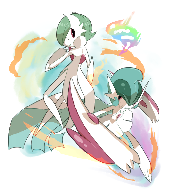 gallade, gardevoir, mega gallade, mega gardevoir, nintendo, pokemon, 1boy, 1girl, alternate costume, alternate design, alternate hairstyle, alternate universe, arm blade, behind another, bob cut, coat, coattails, colored skin, facing to the side, fighting stance, fire, gen 3 pokemon, gen 4 pokemon, genderswap, genderswap (ftm), genderswap (mtf), green hair, looking at another, looking to the side, mega pokemon, mohawk, multicolored skin, popped collar, skirt, smoke, tailcoat, two-tone skin, user vnzf3842, weapon, white arm warmers, white background, white coat, white skirt