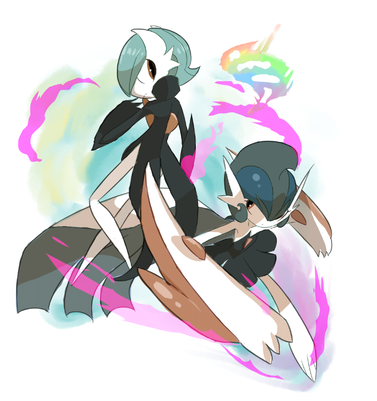 gallade, gardevoir, mega gallade, mega gardevoir, nintendo, pokemon, 1boy, 1girl, alternate color, alternate costume, alternate design, alternate hairstyle, alternate universe, arm blade, behind another, black arm warmers, black coat, black skirt, blue hair, bob cut, coat, coattails, colored skin, facing to the side, fighting stance, fire, gen 3 pokemon, gen 4 pokemon, genderswap, genderswap (ftm), genderswap (mtf), looking at another, looking to the side, mega pokemon, mohawk, multicolored skin, popped collar, shiny pokemon, skirt, smoke, tailcoat, two-tone skin, user vnzf3842, weapon, white background
