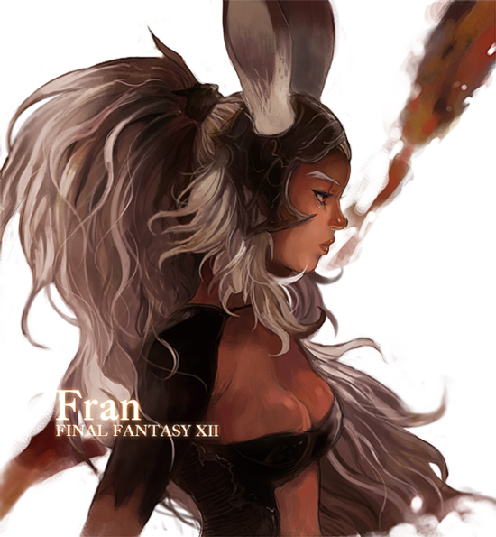 sumishuu, fran (ff12), final fantasy, final fantasy xii, bad id, bad pixiv id, commentary, 00s, 1girl, animal ears, breasts, character name, cleavage, copyright name, dark-skinned female, dark skin, ears through headwear, female focus, helmet, long hair, ponytail, rabbit ears, red eyes, solo, viera, white hair
