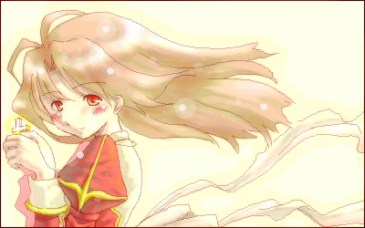 high priest (ragnarok online), ragnarok online, commentary request, lowres, 1girl, blush, brown hair, closed mouth, cross, dress, holding, holding cross, juliet sleeves, long hair, long sleeves, looking at viewer, puffy sleeves, red dress, red eyes, smile, solo, tororo (16763), two-tone dress, upper body, white dress, yellow background
