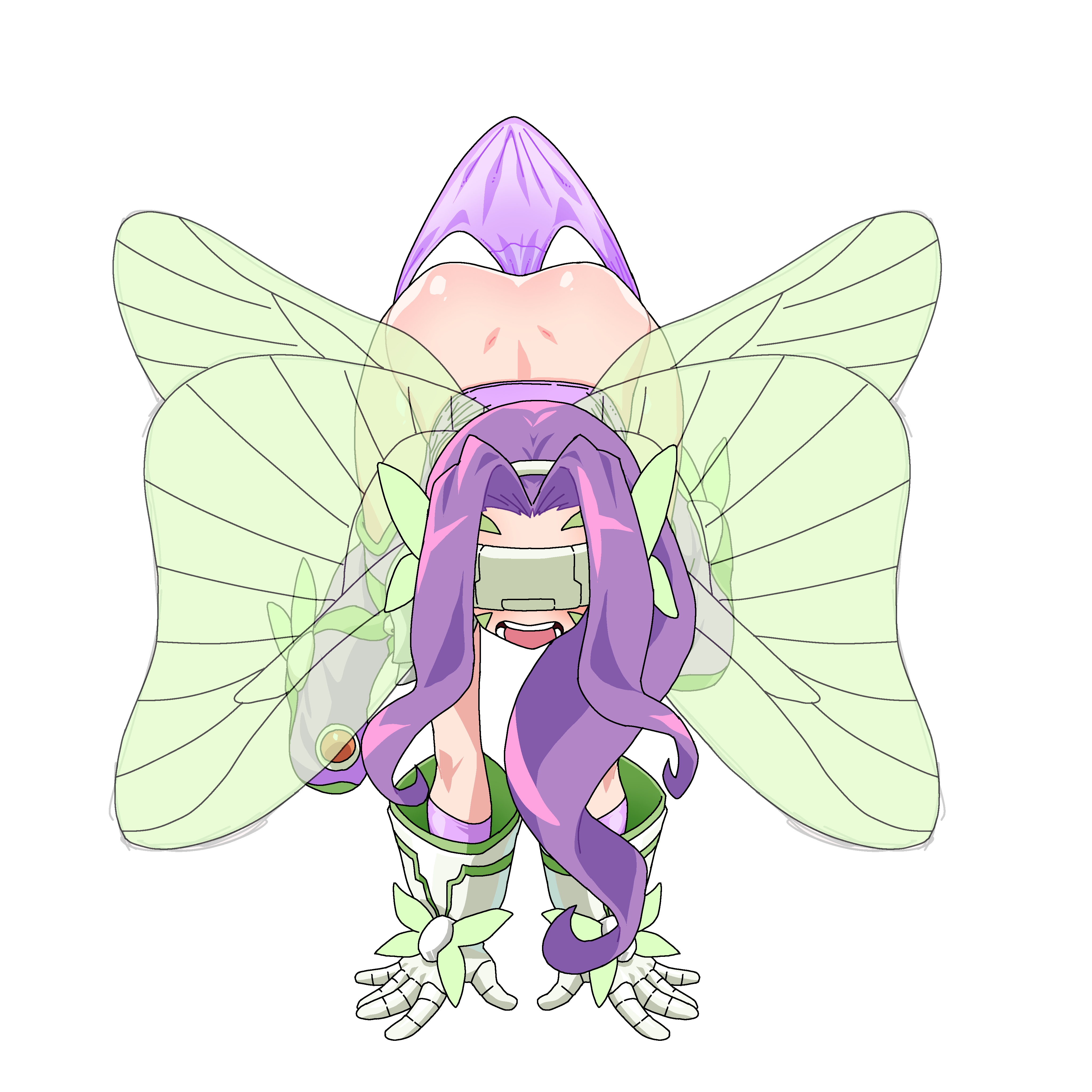 gerusyu, fairimon, digimon, absurdres, commentary request, highres, 1girl, ass, belt, bikini, boots, butterfly hair ornament, butterfly wings, covered eyes, digimon (creature), dimples of venus, elbow gloves, facial mark, garter straps, gloves, hair ornament, hairband, hanging wedgie, head-mounted display, insect wings, long hair, open mouth, parted bangs, purple arm warmers, purple belt, purple bikini, purple boots, purple hair, purple hairband, shoulder pads, solo, swimsuit, teeth, thigh boots, wedgie, white gloves, wings