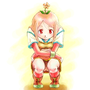 hunter (ragnarok online), ragnarok online, commentary request, lowres, 1girl, blush, brown shirt, brown skirt, closed mouth, elbow gloves, flower, full body, gloves, hair flower, hair ornament, jacket, looking at viewer, pink flower, pink gloves, pink hair, pink socks, red eyes, shirt, short hair, short sleeves, skirt, smile, socks, solo, squatting, swept bangs, tororo (16763), white background, white jacket, white shirt