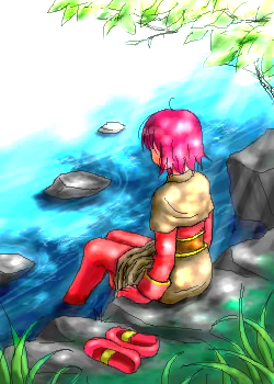 acolyte (ragnarok online), ragnarok online, commentary request, lowres, 1girl, brown capelet, brown skirt, capelet, day, full body, gloves, grass, long sleeves, outdoors, pantyhose, pink hair, red gloves, red pantyhose, red shirt, red shoes, river, rock, shirt, shoes, short hair, sitting, skirt, soaking feet, solo, tororo (16763), unworn shoes, water
