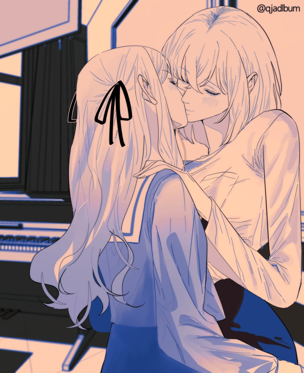 qjadlbum, misumi uika, togawa sakiko, bang dream!, bang dream! it's mygo!!!!!, commentary request, highres, korean commentary, 2girls, blush, closed eyes, hair ribbon, hand on another's shoulder, instrument, kiss, long hair, long sleeves, medium hair, monochrome, multiple girls, piano, ribbon, sailor collar, skirt, twitter username, two side up, yuri