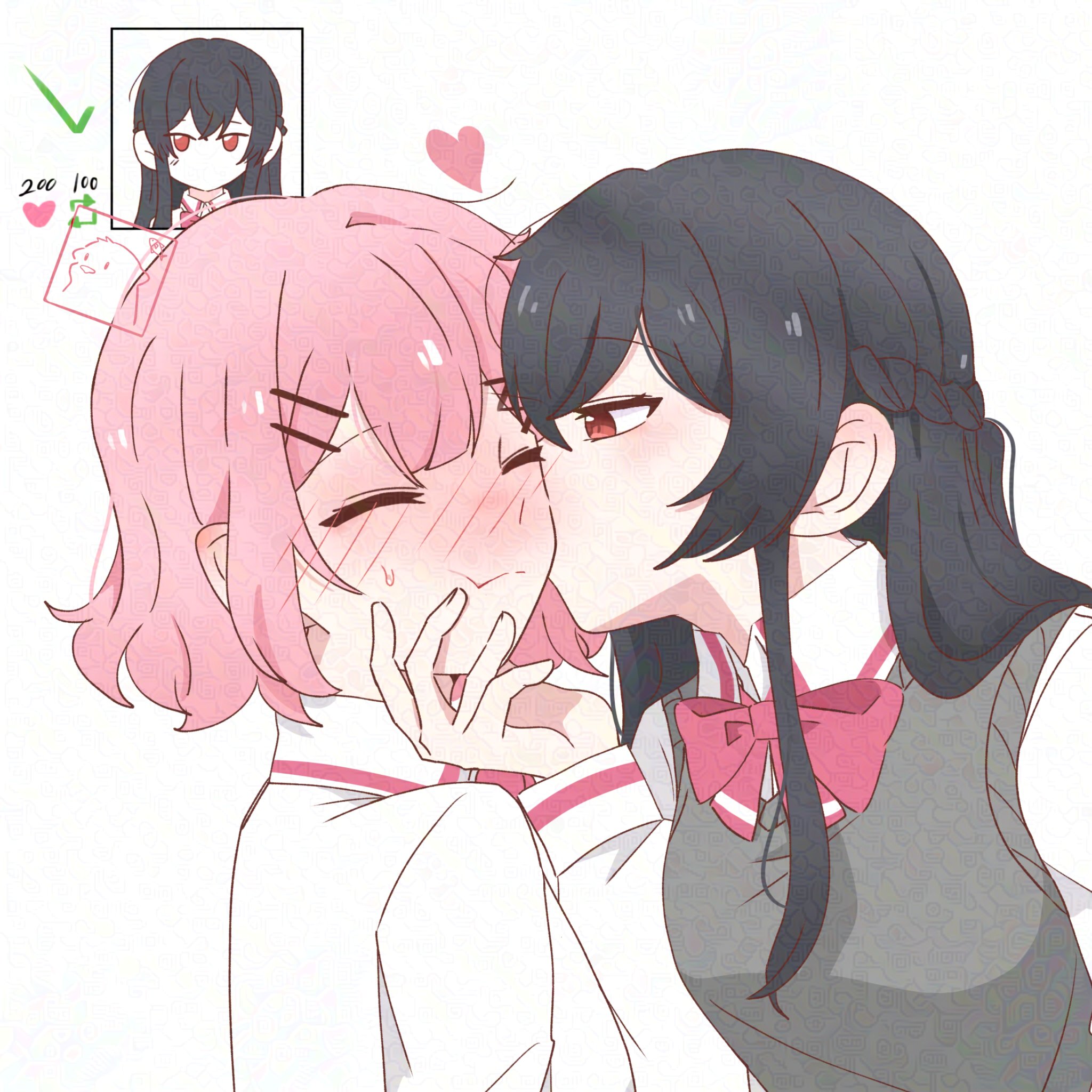 hiseu24, amaori renako, koto satsuki, watashi ga koibito ni nareru wake naijan murimuri!, adversarial noise, highres, 2girls, black hair, bow, bowtie, braid, closed eyes, closed mouth, collared shirt, grey sweater vest, half up braid, kiss, kissing cheek, long hair, medium hair, multiple girls, pink bow, pink bowtie, pink hair, red eyes, school uniform, shirt, simple background, sweater vest, white background, white shirt, yuri
