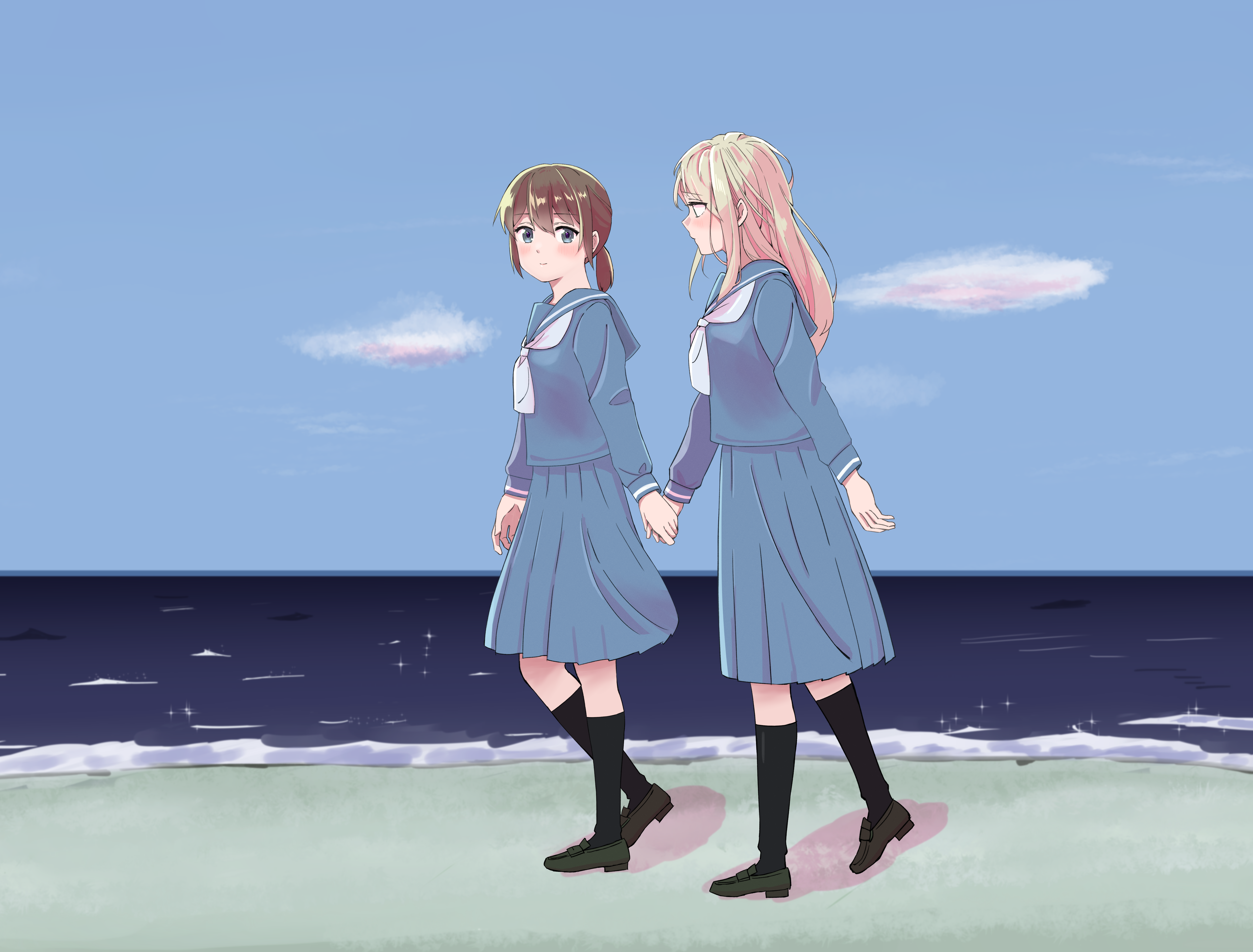 absurdres, commentary, highres, 2girls, ano koro no aoi hoshi, black shoes, black socks, blonde hair, blue eyes, blue serafuku, blue shirt, blue skirt, blue sky, brown hair, closed mouth, cloud, day, holding hands, horizon, kneehighs, koumoto umi, long hair, long sleeves, looking at another, medium hair, multiple girls, neckerchief, ocean, outdoors, pleated skirt, ponytail, rs20210604, school uniform, segawa shou, serafuku, shirt, shoes, skirt, sky, smile, socks, white neckerchief